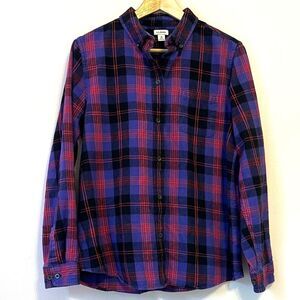 LL Bean Scotch Plaid Flannel Shirt Relaxed Purple Red Medium Gorpcore Cabin